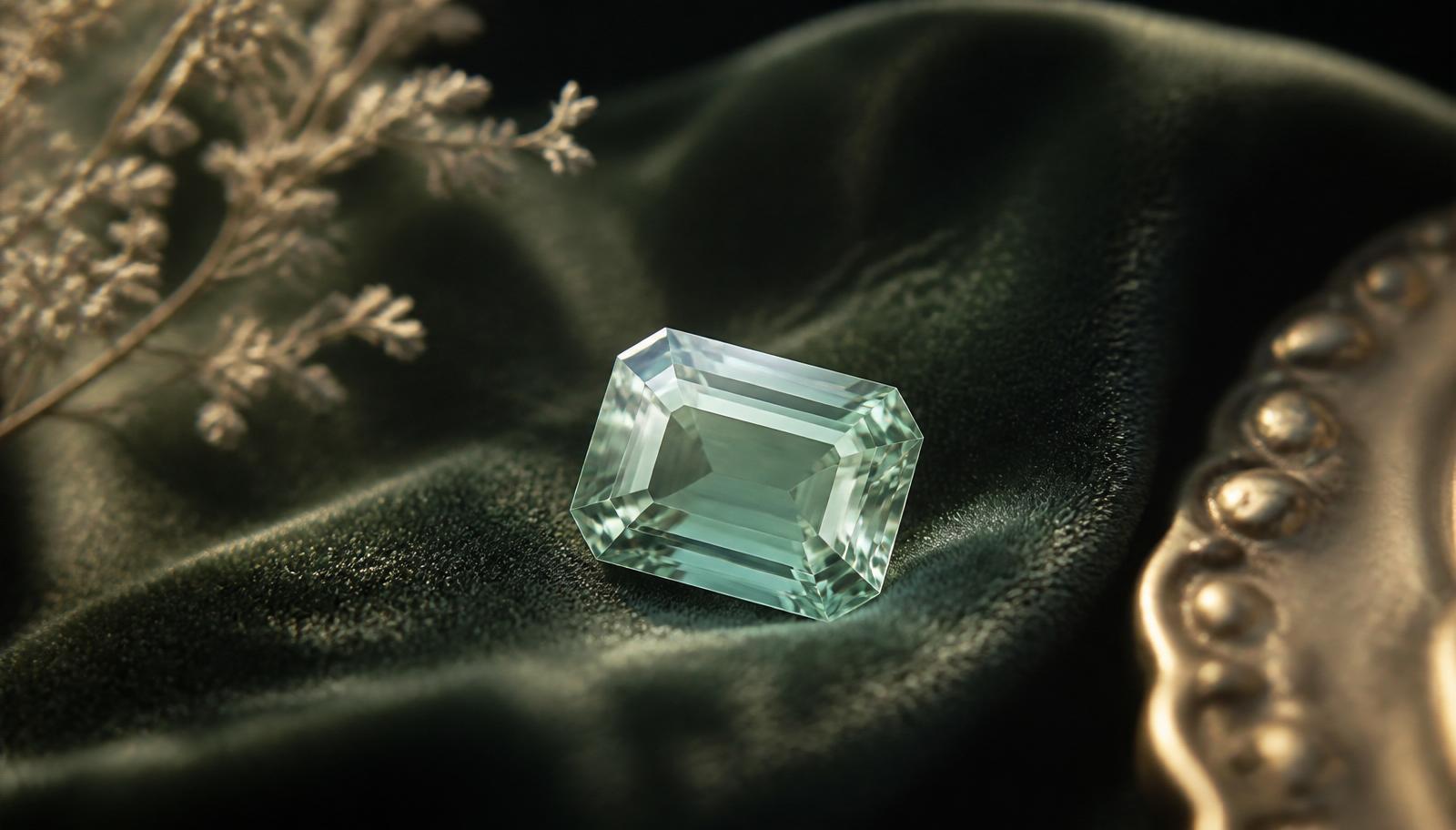 Loose aquamarines in pale sea-blue with one rough crystal on bottle-green velvet — mood image, not a determination example.