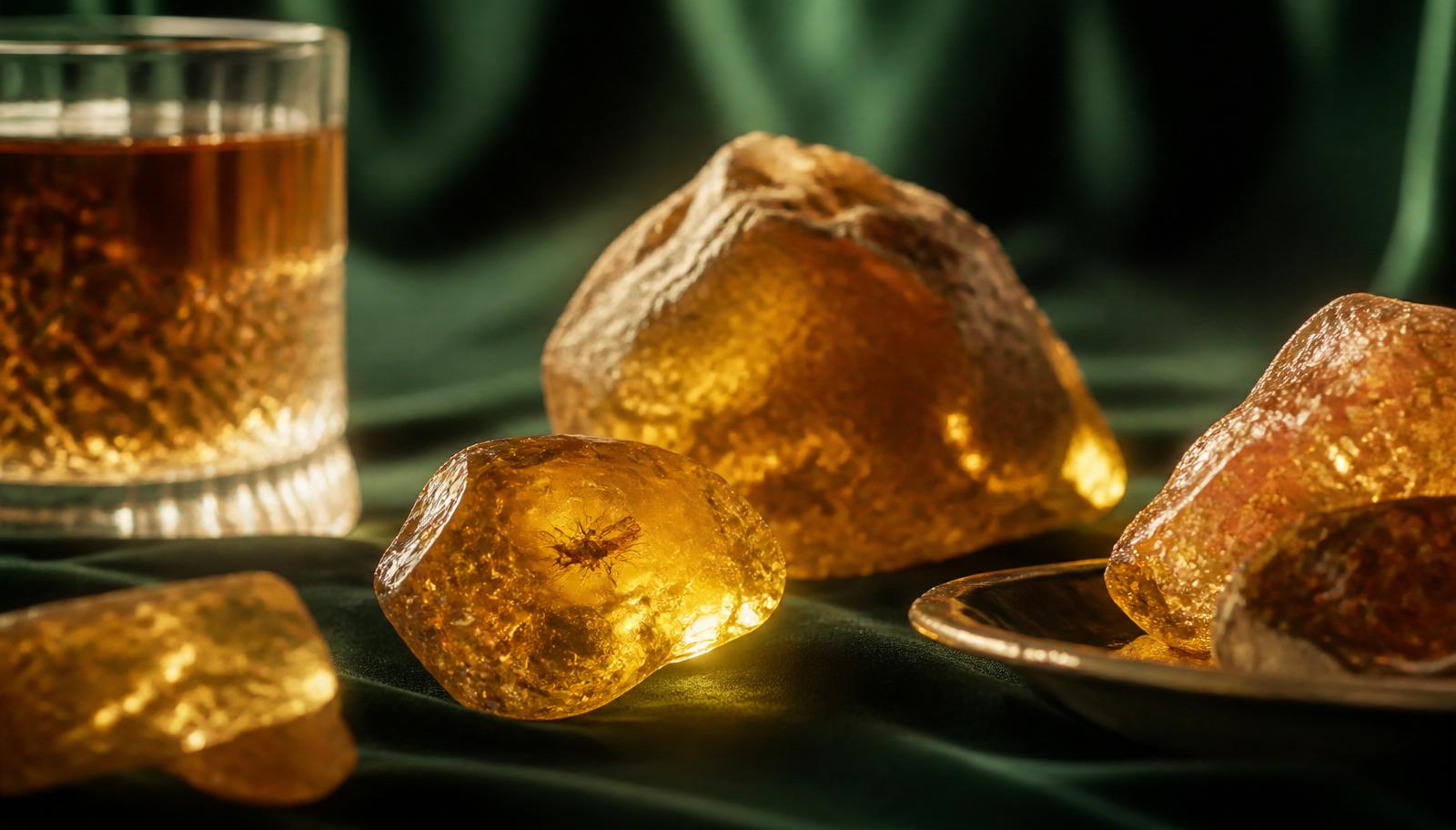 Three pieces of rough Baltic amber in honey and cognac tones on bottle green velvet — atmospheric image, not a determination example.