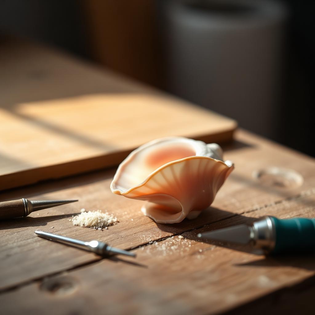 Cowrie shell with pink-white layered edge, engraving burin and fine dust on workbench in Mediterranean afternoon light — atmospheric image, not a determination example.