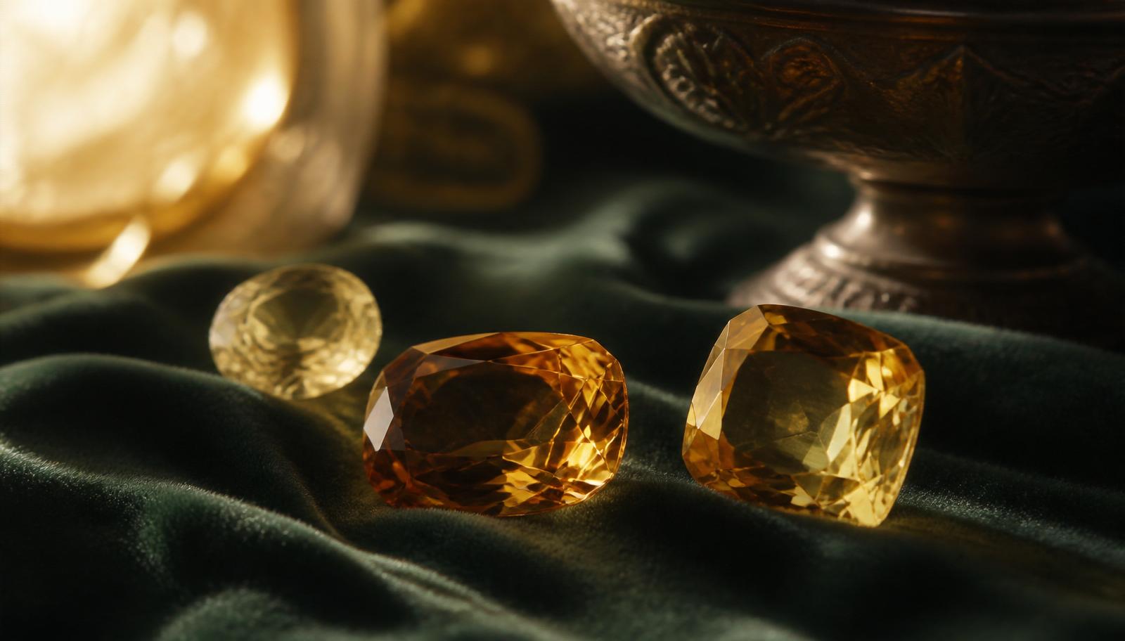 Loose citrines and pale sherry topazes in warm honey tones on bottle-green velvet — atmospheric image, not a determination example.