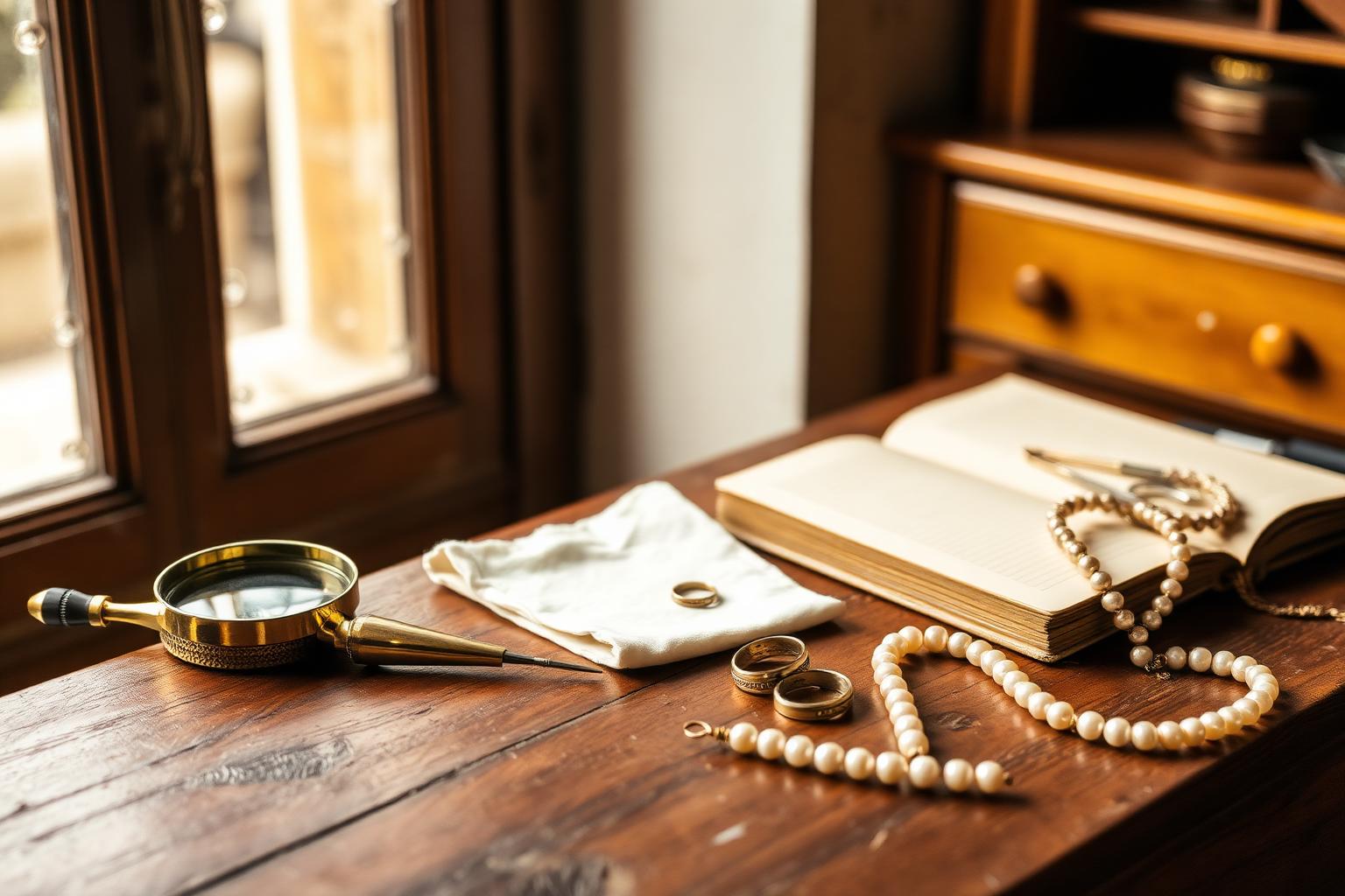 A goldsmith's workbench with loupe, tweezers, a strand of pearls and an open book in soft window light