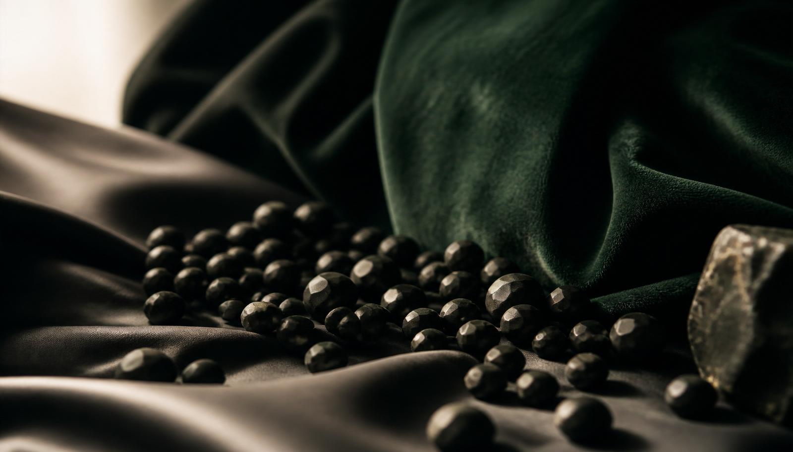 Polished Whitby jet pieces and a rough fragment on bottle-green velvet — atmospheric image, not a determination example.
