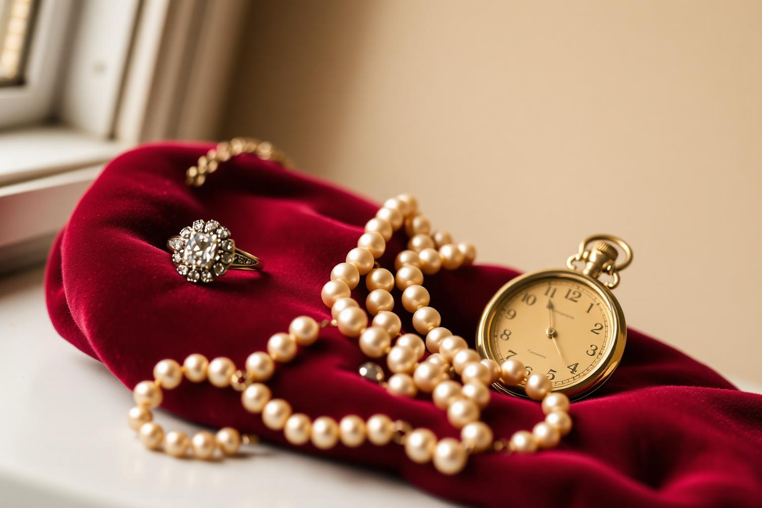 Art deco ring, pearl necklace and antique pocket watch on dark red velvet