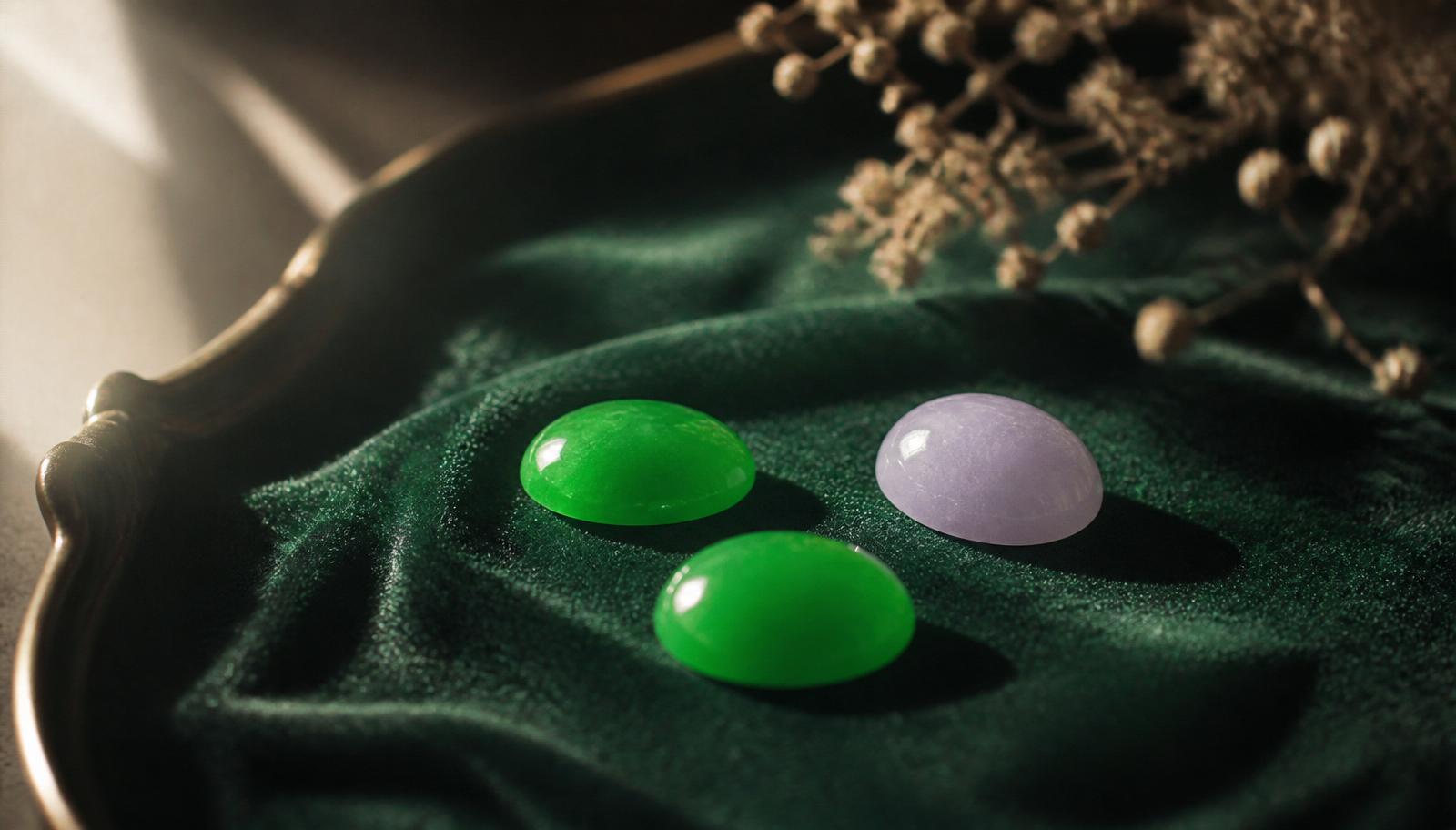 Two jadeite cabochons in soft Imperial Green and one nephrite tablet in muted spinach green on bottle-green velvet — atmospheric image, not a determination example.
