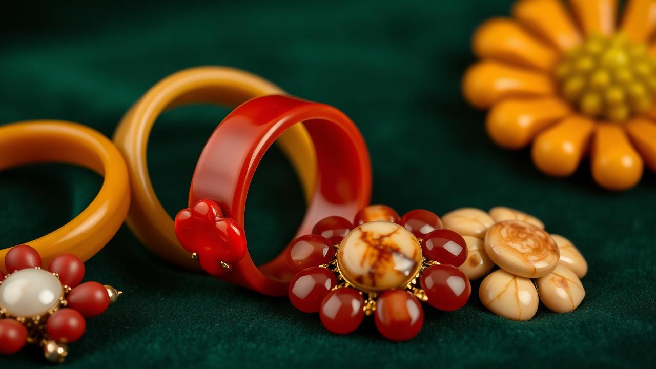 Vintage bakelite bracelets and brooches in warm tones on bottle-green velvet — atmospheric image, not an identification example.