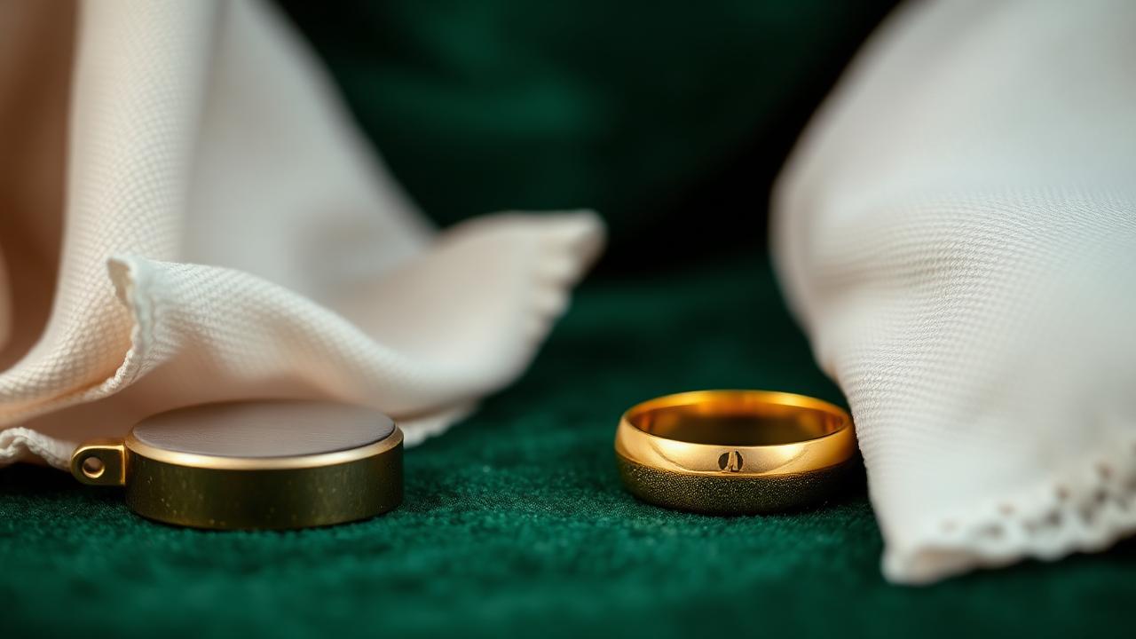 Gold ring next to a magnet and a soft cloth as a simple home test on bottle-green velvet — atmospheric image, not a determination example.
