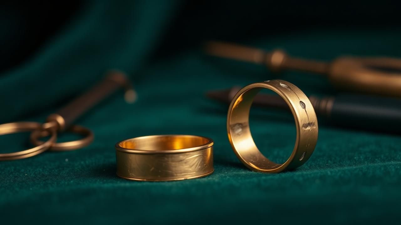 Antique ring next to a newly forged band as a remodelling scene on bottle-green velvet — mood image, not a determination example.