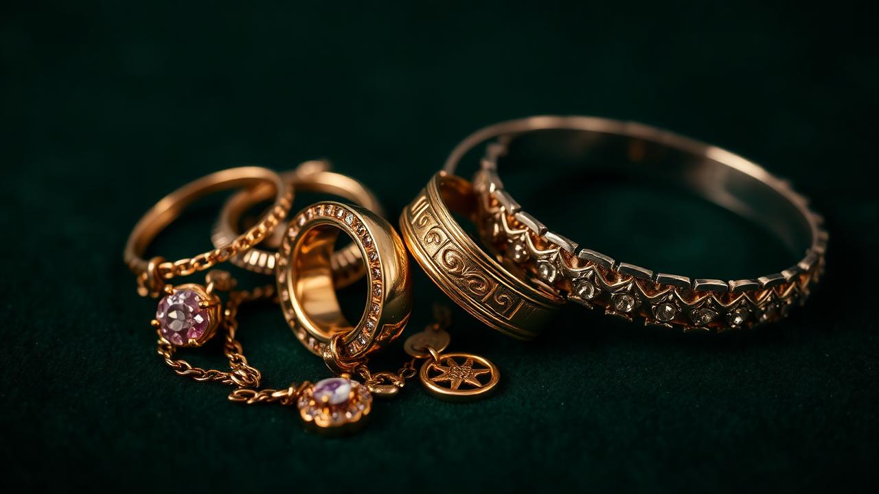 Assortment of antique gold and silver jewellery of different carats on bottle-green velvet — atmospheric image, not an identification example.