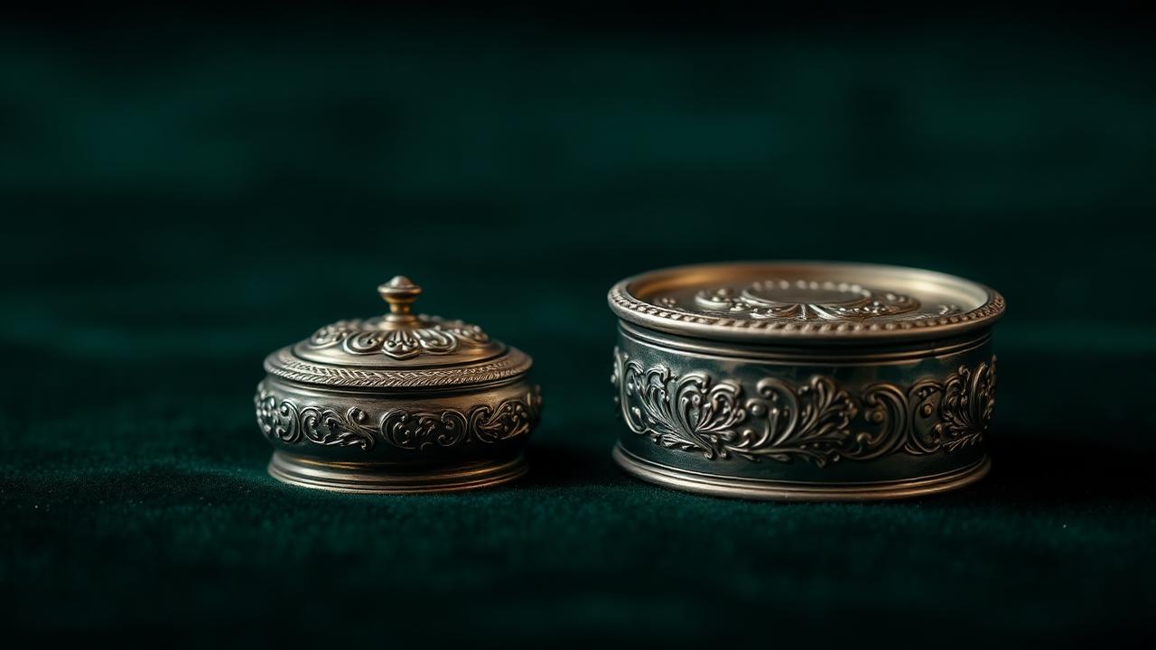 Antique Dutch silver bibelot with fine engraving on bottle-green velvet — atmospheric image, not an identification example.