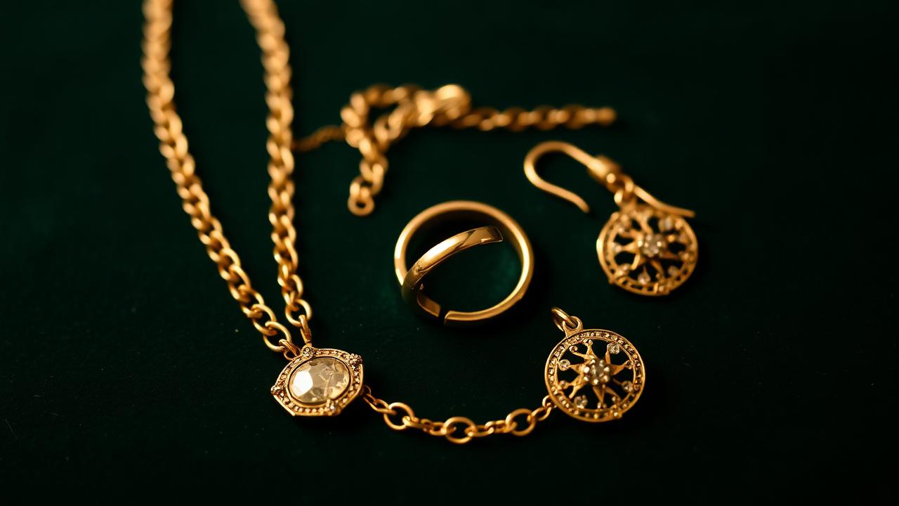 Occasion jewellery — necklace, ring, and earrings laid together on bottle-green velvet — atmospheric image, not an example for determination.