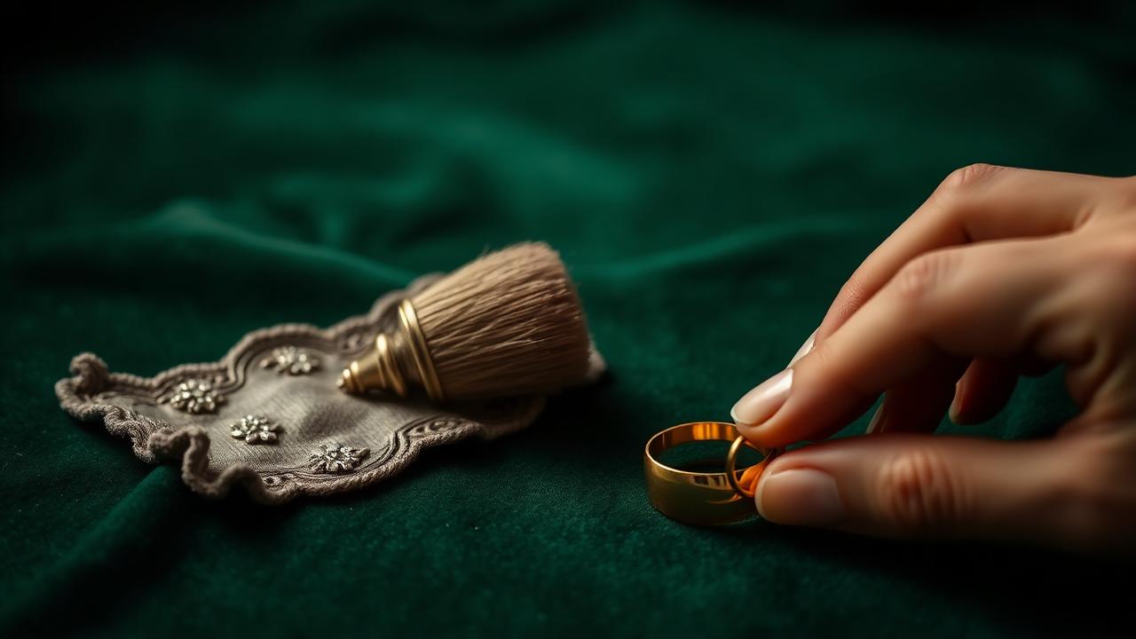 Polishing cloth, brush, and gold ring in a carative composition on bottle-green velvet — atmospheric image, not an identification example.