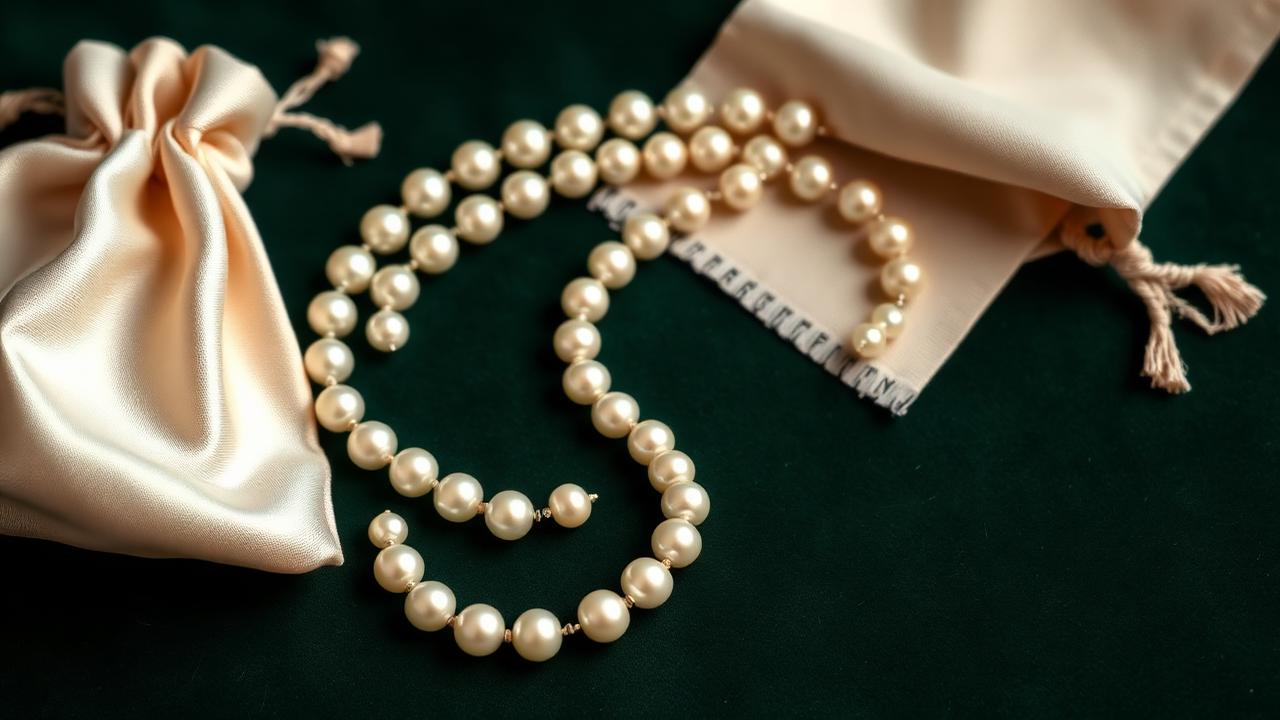 Strand of natural pearls with a silk pouch and soft cloth on bottle-green velvet — atmospheric image, not for determination.