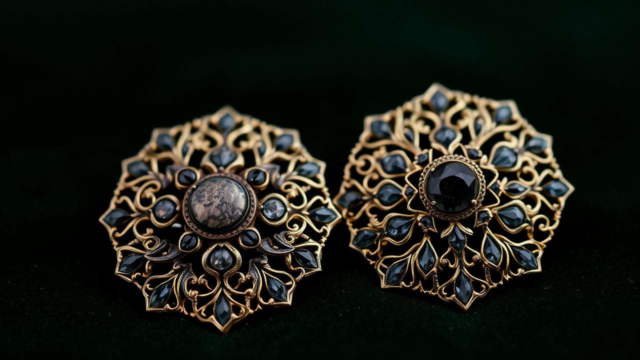 Two similar brooches side by side, one antique and one reproduction, on bottle-green velvet — atmospheric image, not an identification example.