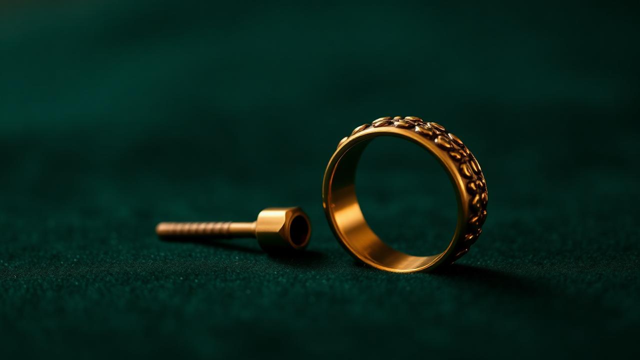Gouden ring naast messing ringmaat-doorn op flessengroen fluweel — sfeerbeeld, geen determinatievoorbeeld.