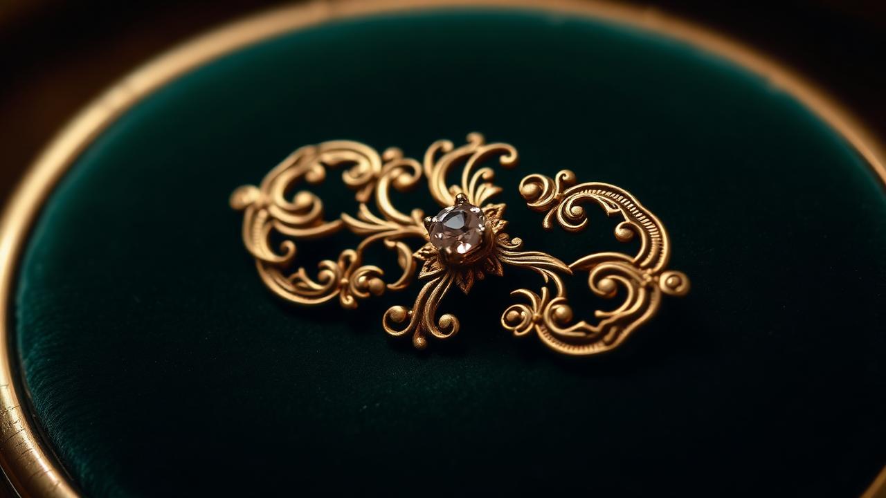 Fijn bewerkte gouden broche met diamant, waarde boven schroot, op flessengroen fluweel — sfeerbeeld, geen determinatievoorbeeld.
