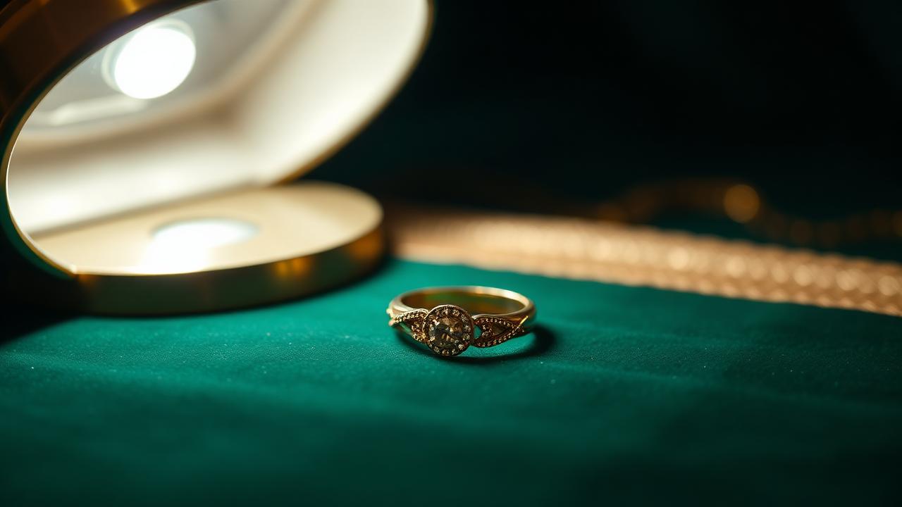 Golden ring under small table desk lamp for appraisal photography on bottle green velvet — mood image, not a determination example.