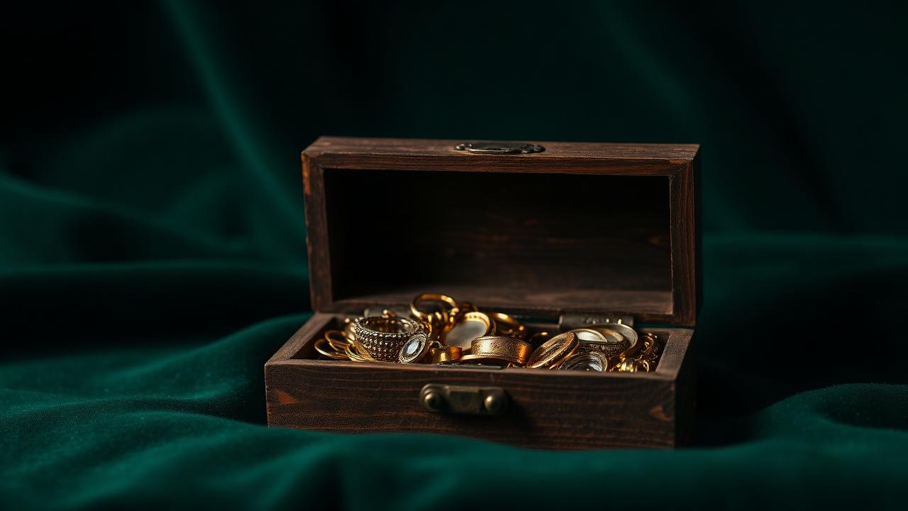 Old wooden jewellery box with inherited pieces on bottle green velvet — atmospheric image, not a determination example.