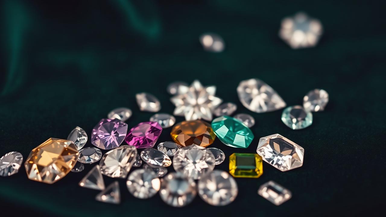 Loose diamonds and coloured gemstones in various cuts on bottle green velvet — mood image, not a determination example.