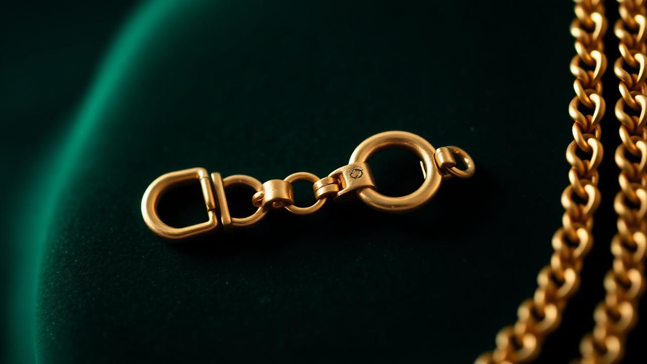 Macro of a box clasp and safety clasp on a gold chain on bottle-green velvet — atmospheric image, not a determination example.