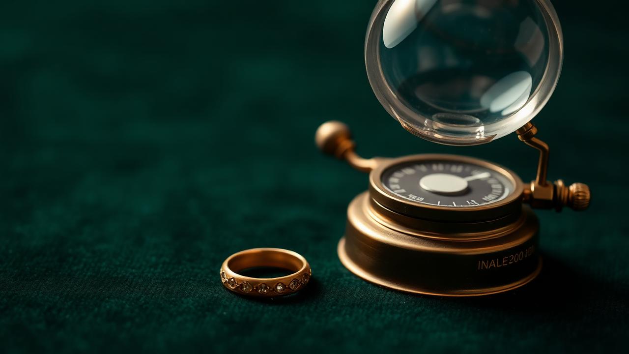 Gold ring next to a loupe and fine scales in an appraisal scene on bottle-green velvet — atmospheric image, not an example of determination.