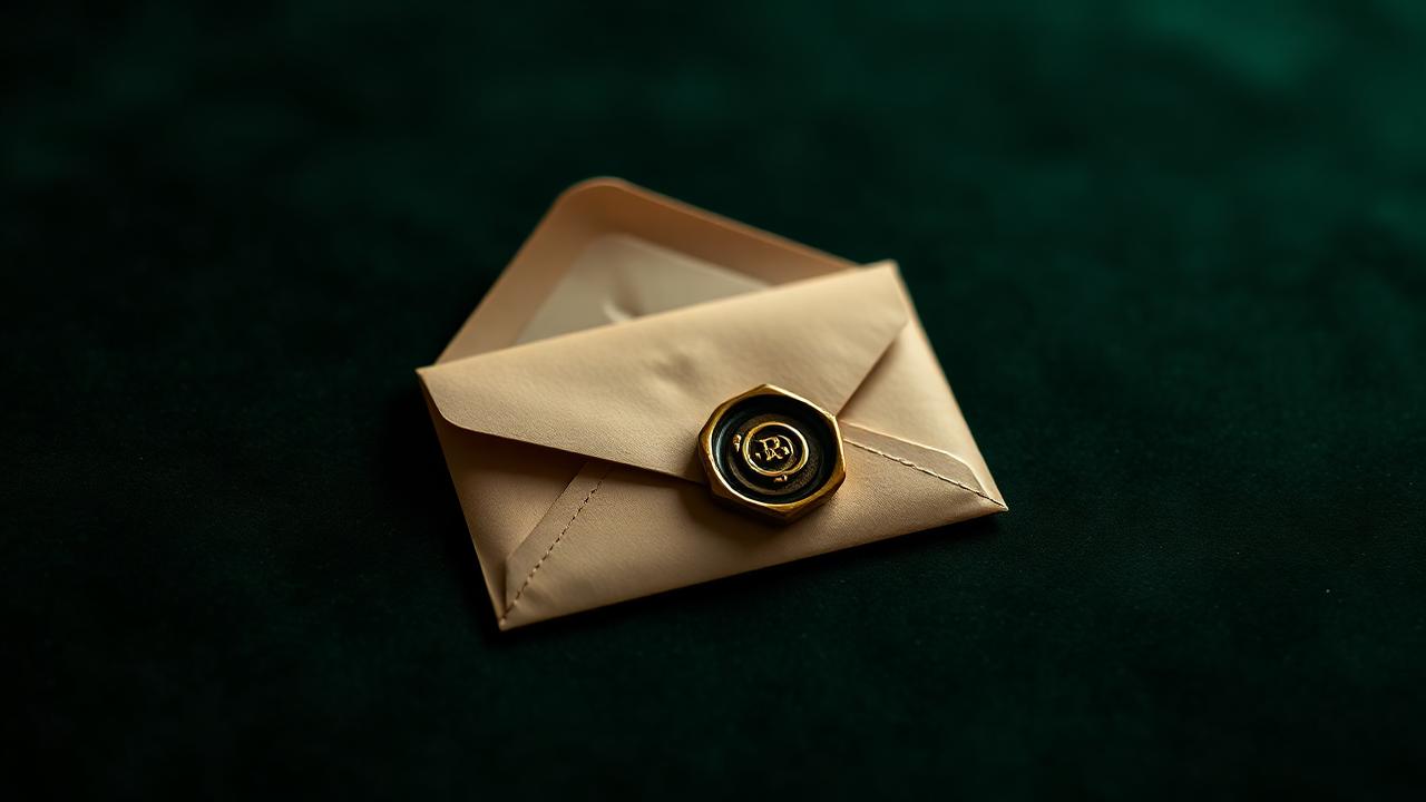 Vintage jewel in padded envelope with wax seal on bottle-green velvet — atmospheric image, not a determination example.