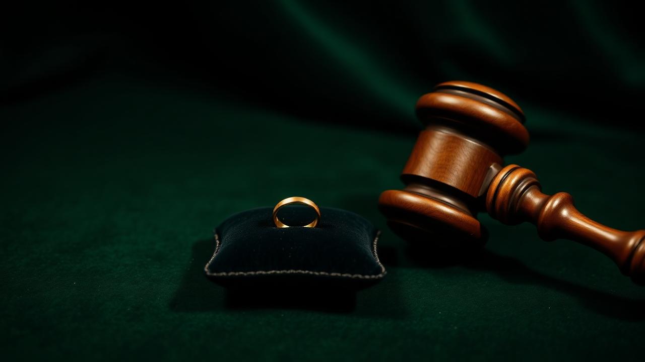 Gold ring on a small velvet cushion next to a wooden auction gavel on bottle-green velvet — atmospheric image, not a determination example.