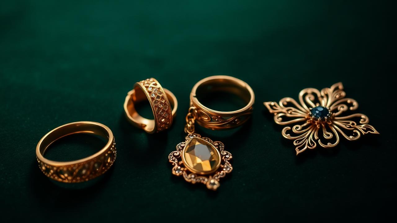 Vintage gold and silver pieces neatly laid out for sale on bottle-green velvet — atmospheric image, not a determination example.