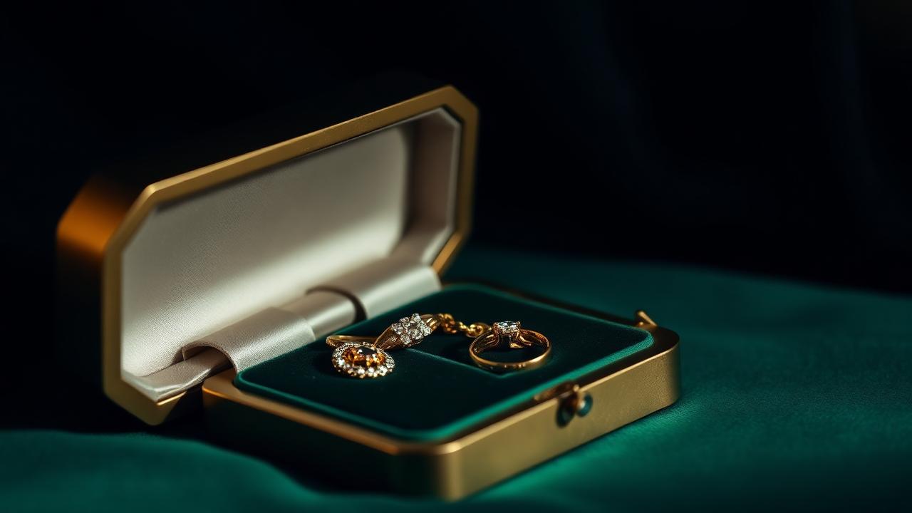 Vintage sieraden in geopend kluisje met fluwelen bekleding op flessengroen fluweel — sfeerbeeld, geen determinatievoorbeeld.