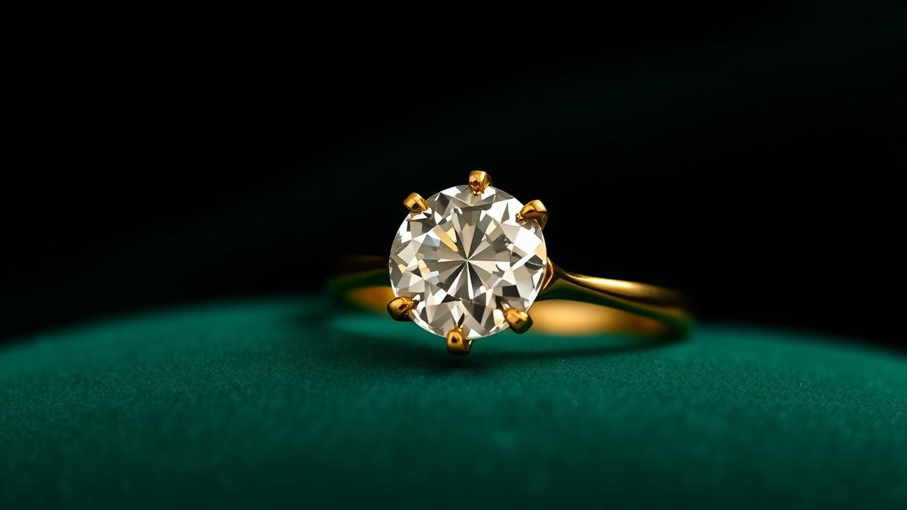 Antique solitaire engagement ring with old European cut diamond on bottle green velvet — atmospheric image, not for determination.