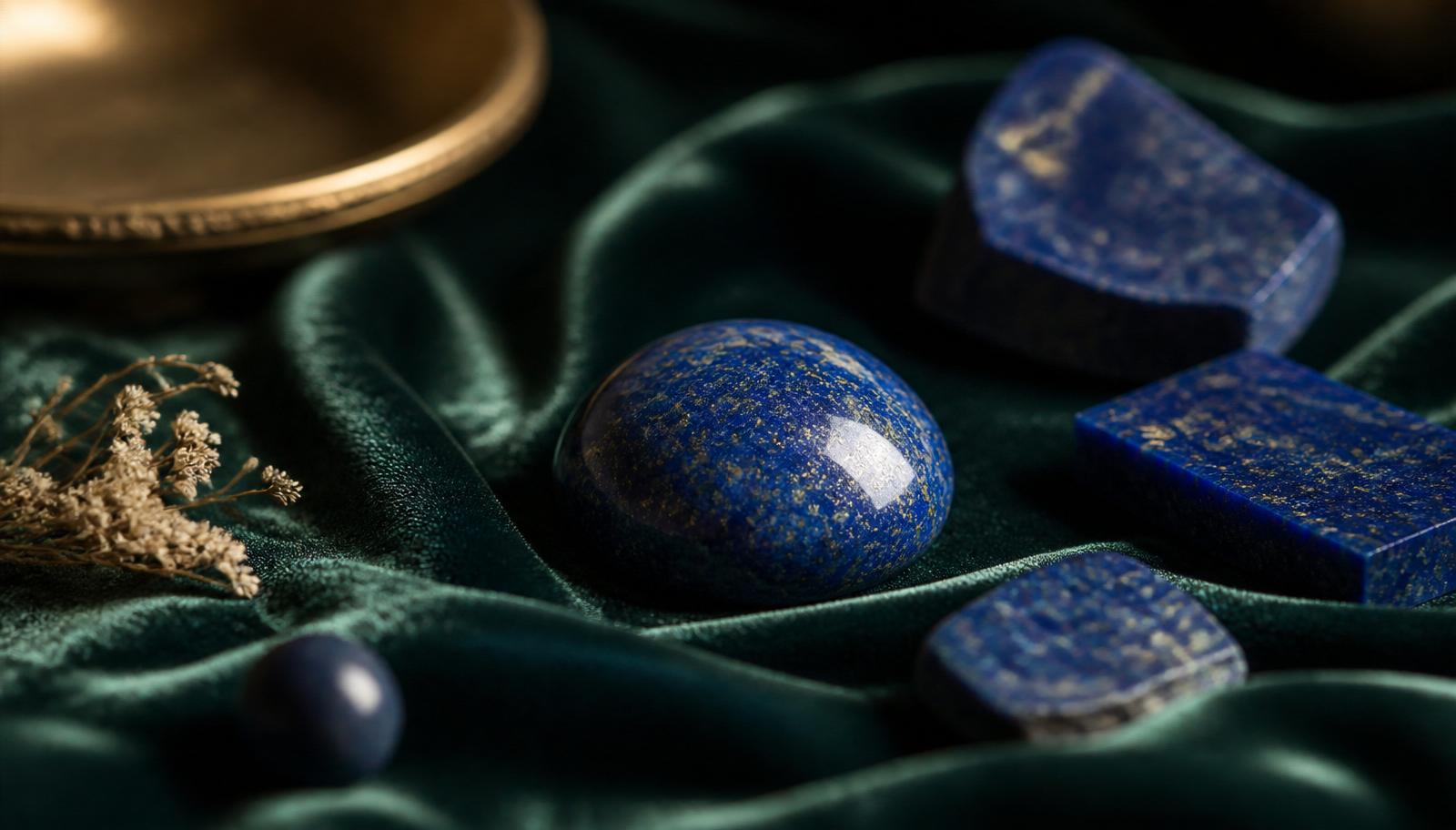 Two lapis lazuli cabochons in deep ultramarine with fine pyrite flecks and a rough fragment on bottle green velvet — mood image, not a determination example.
