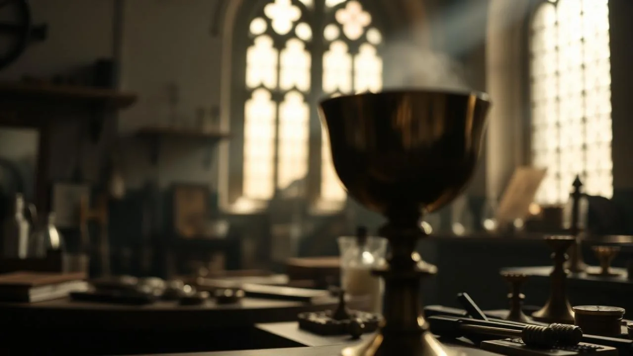 Ecclesiastical silver chalice on bottle-green velvet — atmospheric image, not an example for identification.