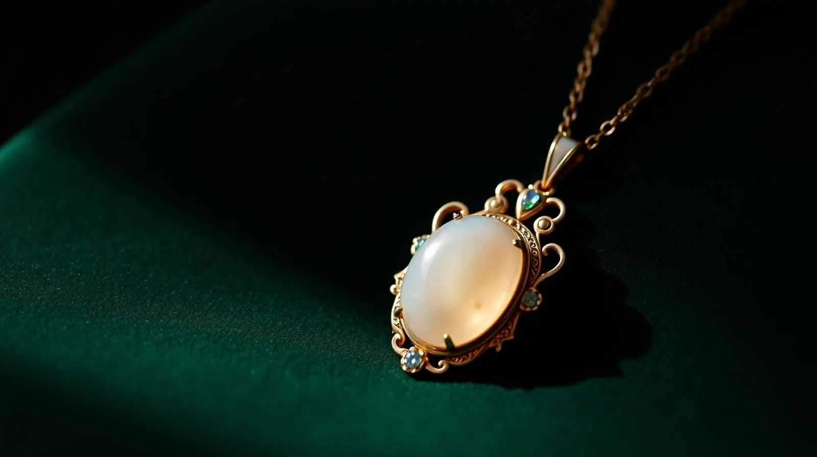 Belle époque gouden hanger met opaal-cabochon op flessengroen fluweel; sfeerbeeld, geen determinatievoorbeeld.