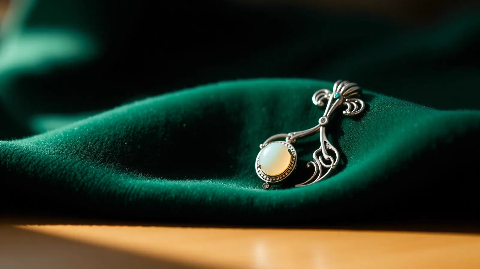 Jugendstil zilveren hanger met opaal-cabochon op flessengroen fluweel; sfeerbeeld, geen determinatievoorbeeld.