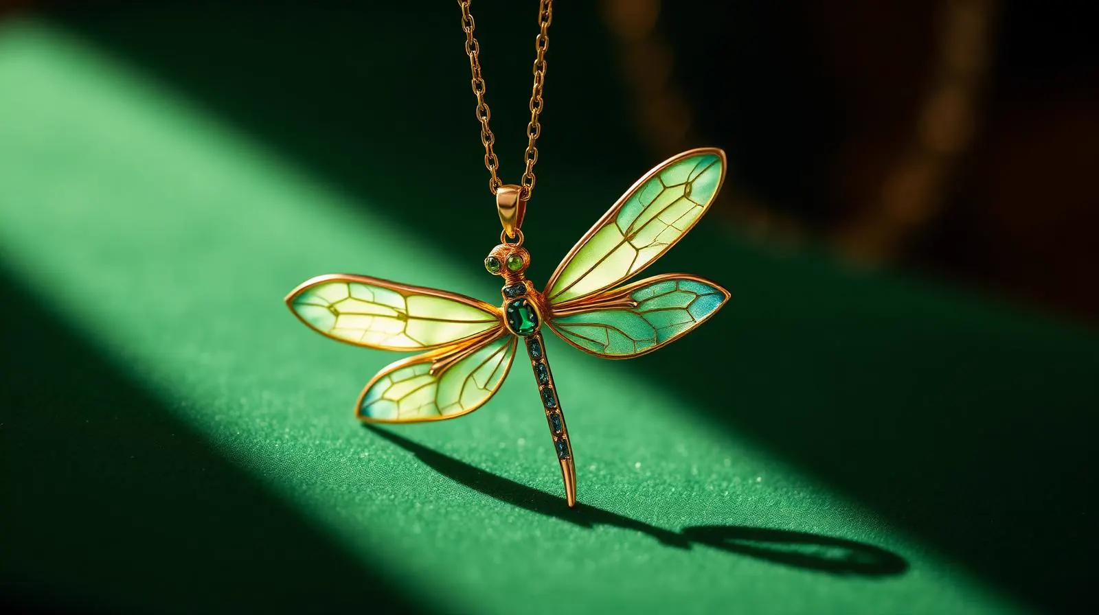 Art nouveau libelle-hanger met plique-à-jour vleugels op flessengroen fluweel; sfeerbeeld, geen determinatievoorbeeld.
