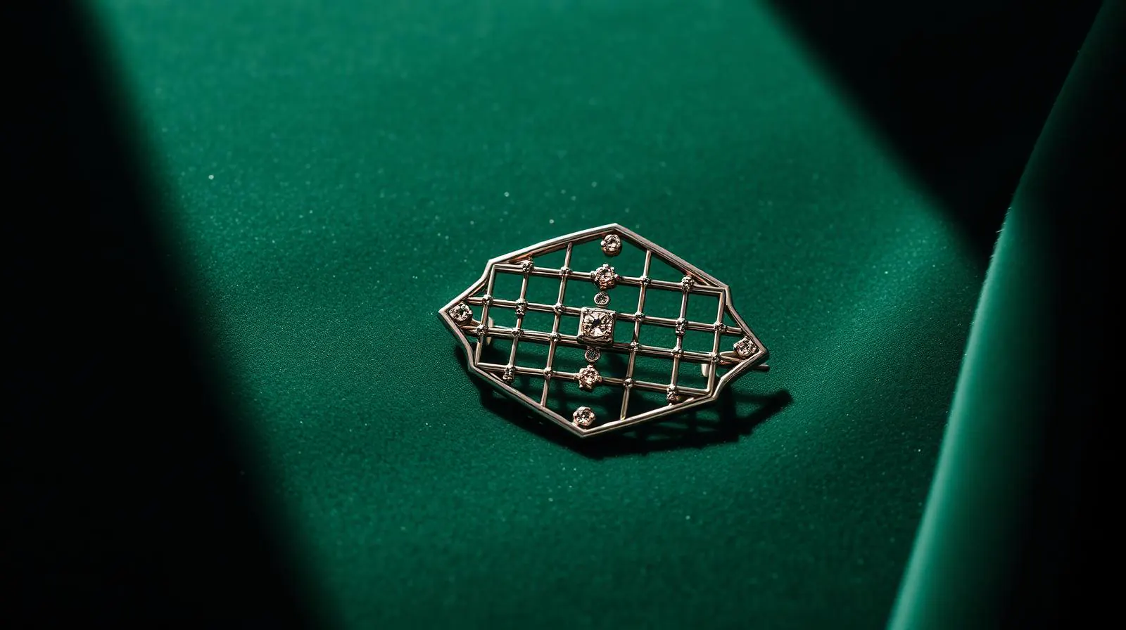 Geometrische Wiener Werkstätte broche met stringente rasterstructuur op flessengroen fluweel; sfeerbeeld, geen determinatievoorbeeld.