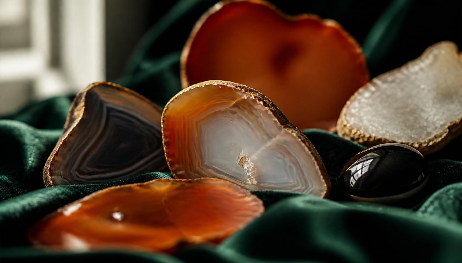 A stack of agate slices with clear layers and one black onyx cabochon on bottle green velvet — mood image, not a determination example.