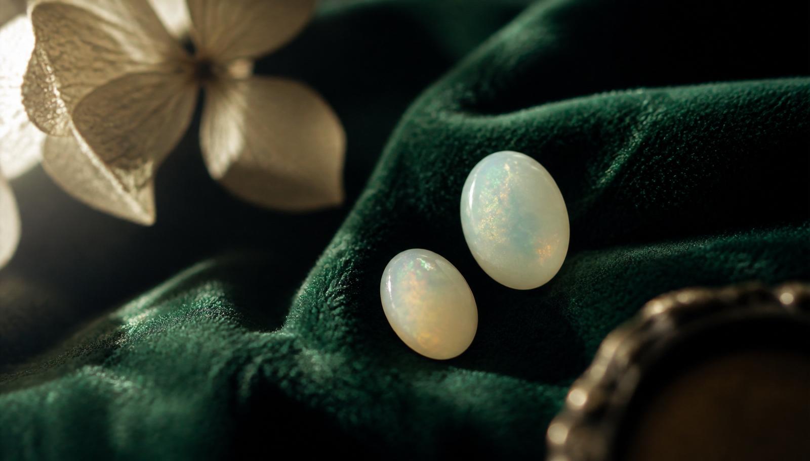 Two white opal cabochons with a soft play of colour on bottle green velvet — mood image, not a determination example.