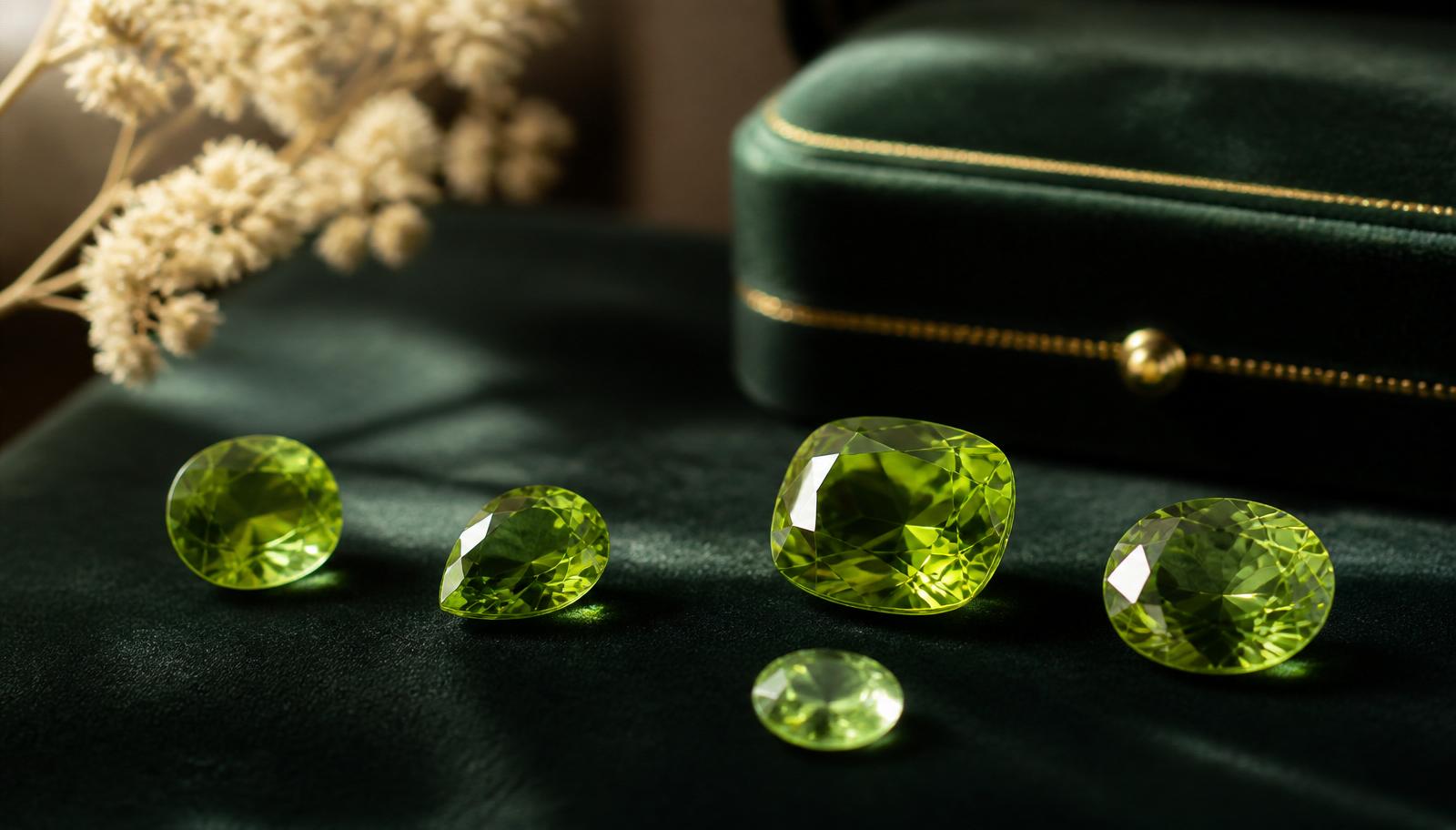 Handjevol losse geslepen peridoten in frisse olijfgroen met één klein ruw kristal op flessengroen fluweel — sfeerbeeld, geen determinatievoorbeeld.