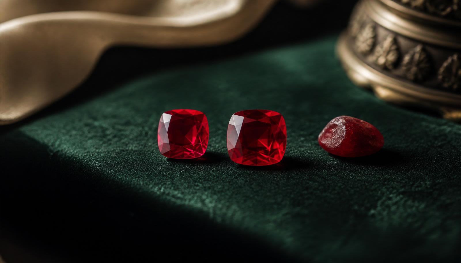 Loose rubies in deep red with one rough ruby crystal on bottle-green velvet — atmospheric image, not for determination.