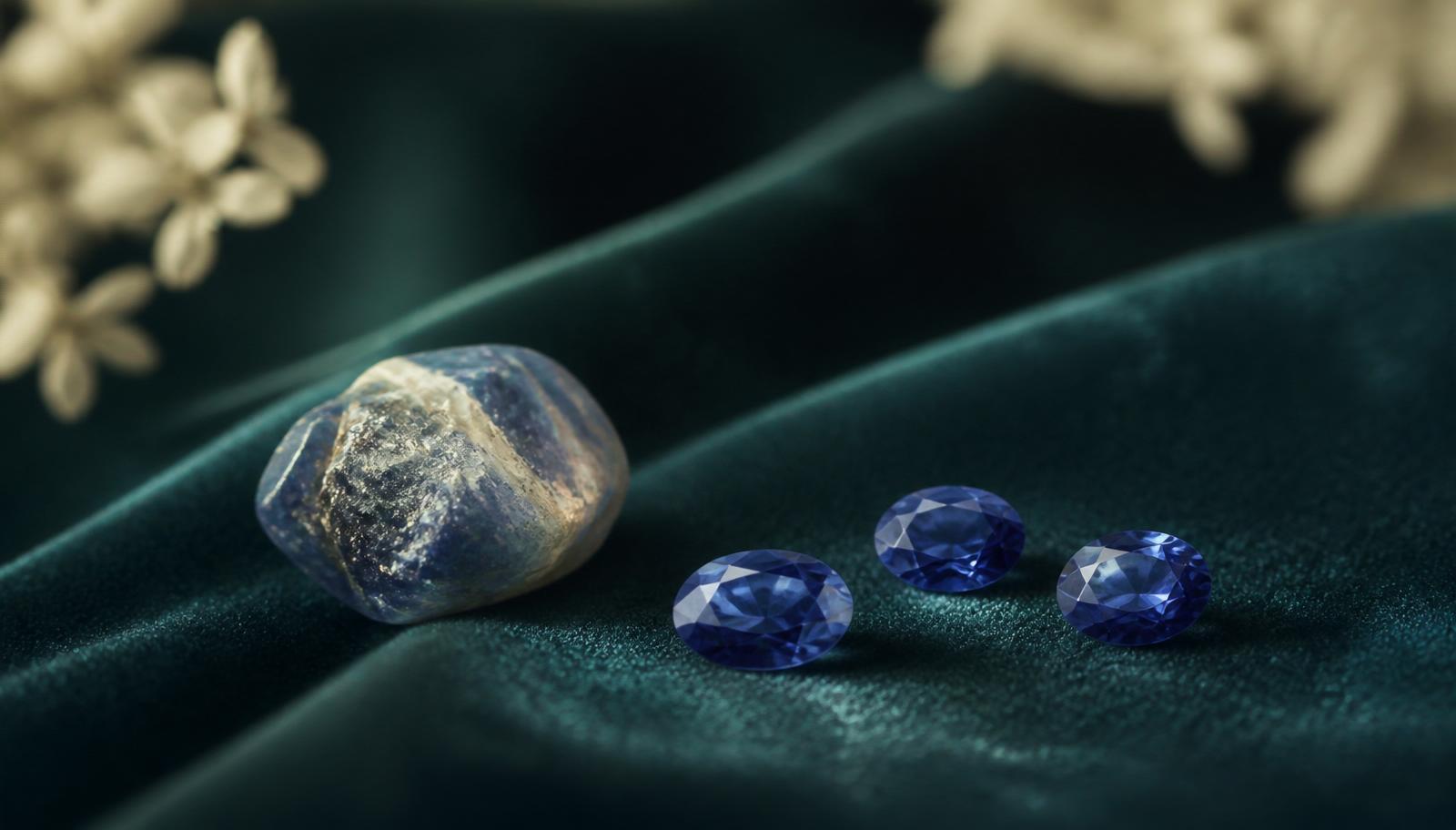 Loose sapphires and one rough sapphire crystal on bottle-green velvet — atmospheric image, not a determination example.