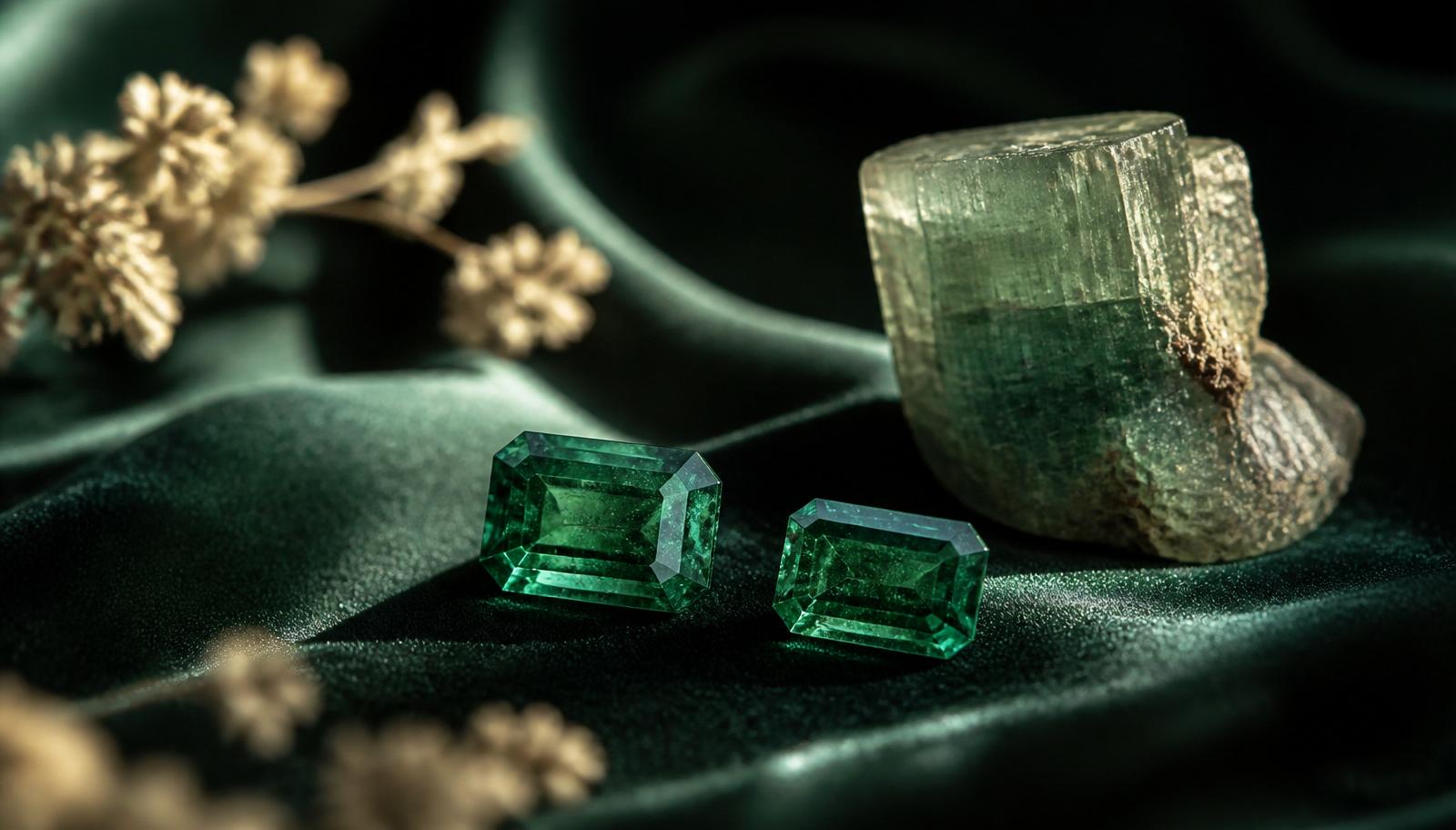 Twee emerald-cut smaragden en een klein ruw smaragdkristal op flessengroen fluweel — sfeerbeeld, geen determinatievoorbeeld.