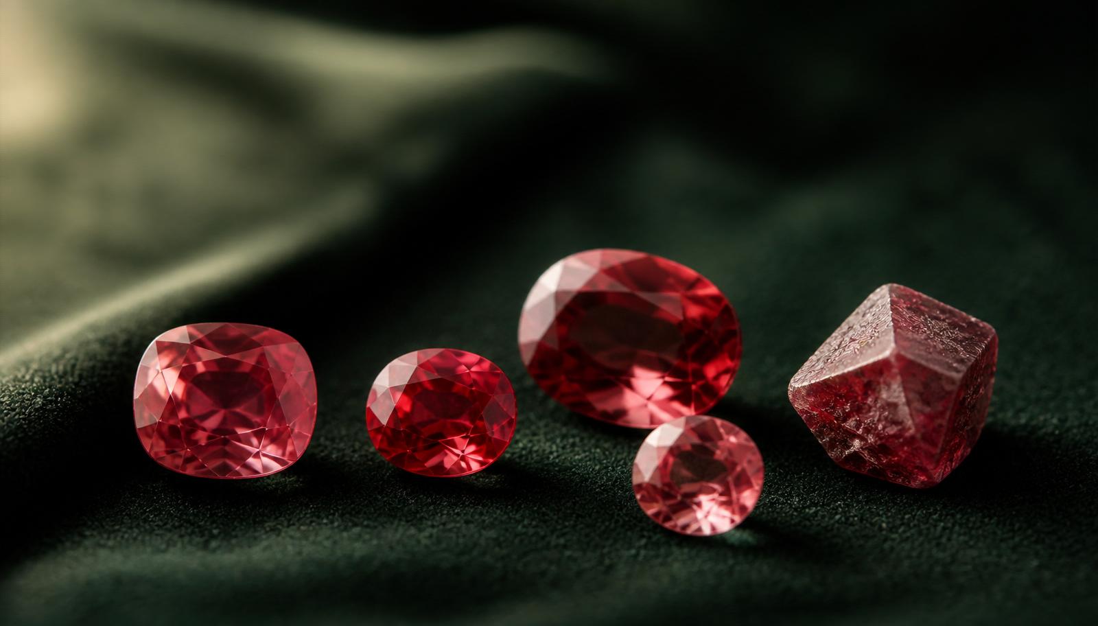 Three loose cut spinels in soft rose-red, cornflower blue and cool grey on bottle-green velvet — atmospheric image, not a determination example.