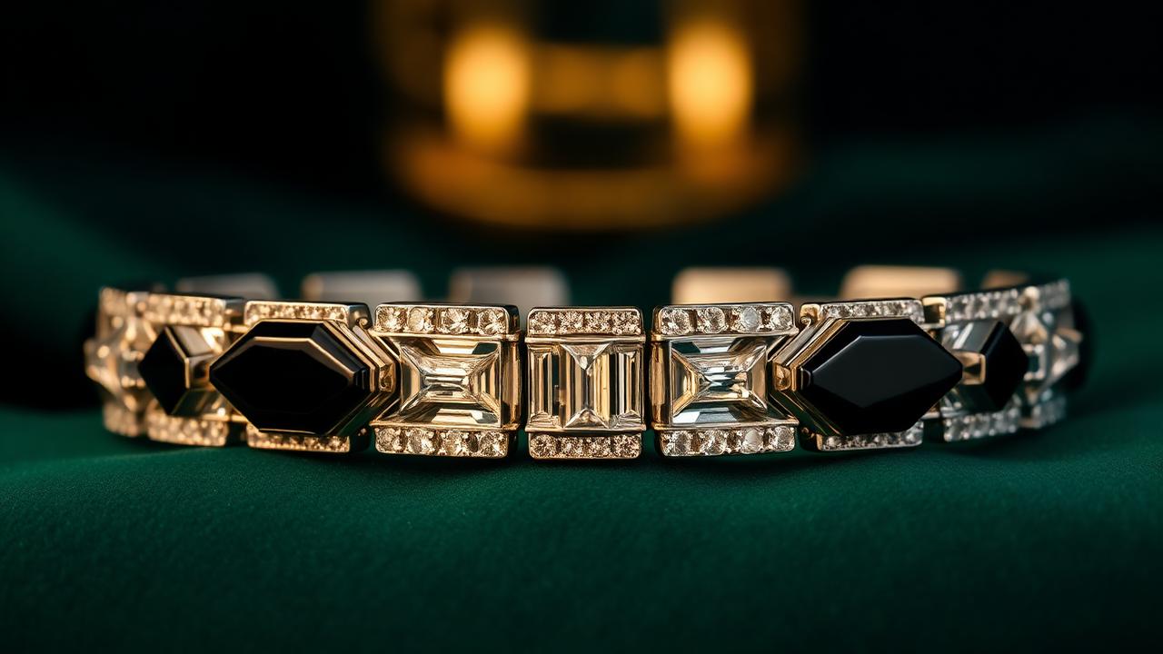 Art deco jewellery with geometric lines on bottle-green velvet — mood image, not an identification example.