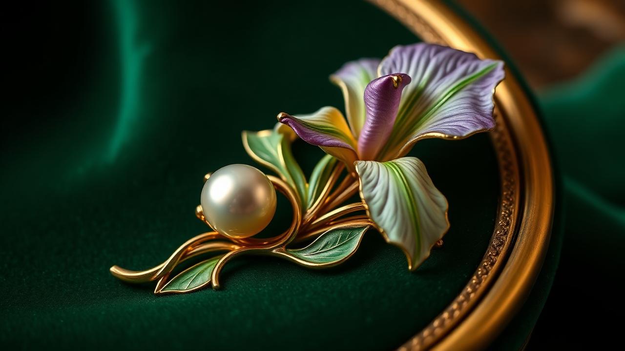Art nouveau jewel with flowing lines on bottle-green velvet — atmosphere image, not a determination example.