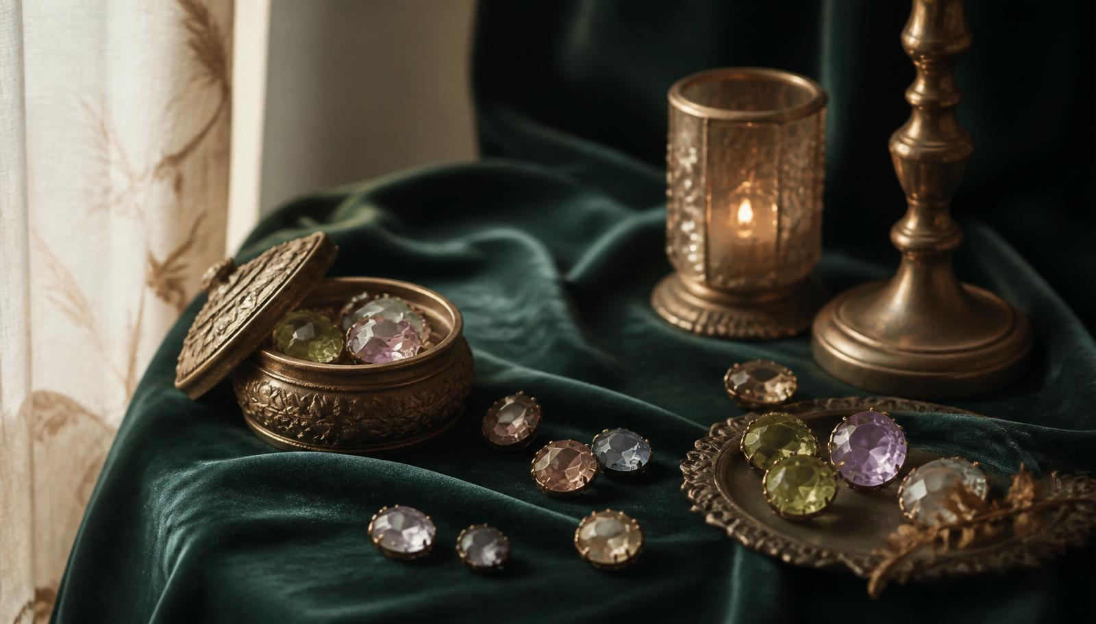 Three vintage foil-back paste stones with a soft antique sparkle on bottle green velvet — mood image, not a determination example.