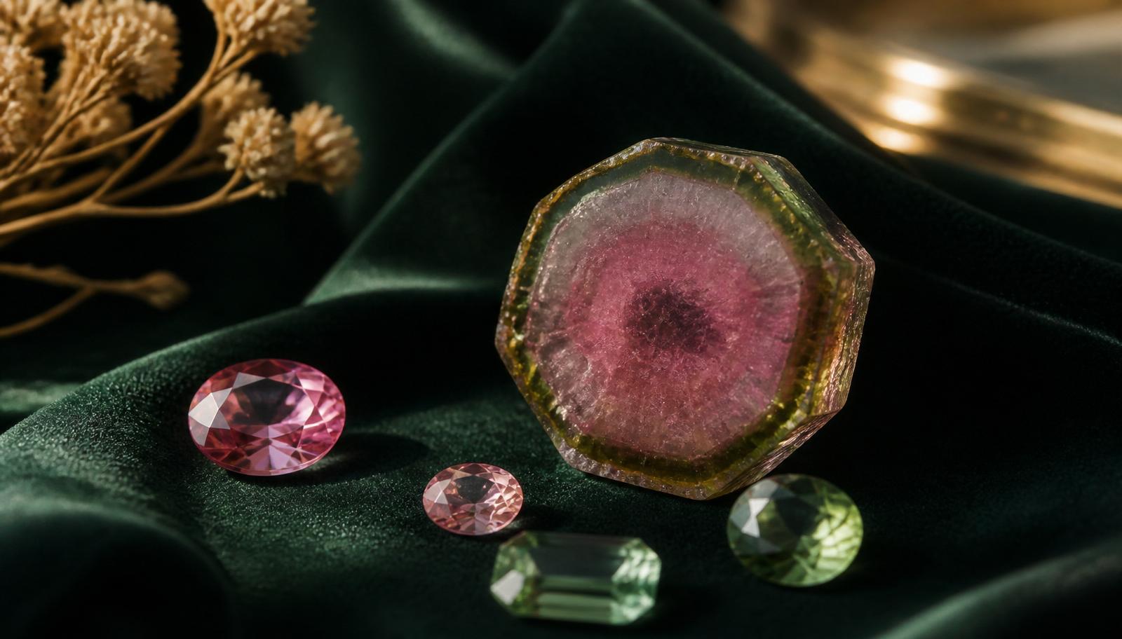 Losse toermalijnen in het volle spectrum — roze, groen, blauwgroen en één watermeloen-schijfje — op flessengroen fluweel — sfeerbeeld, geen determinatievoorbeeld.