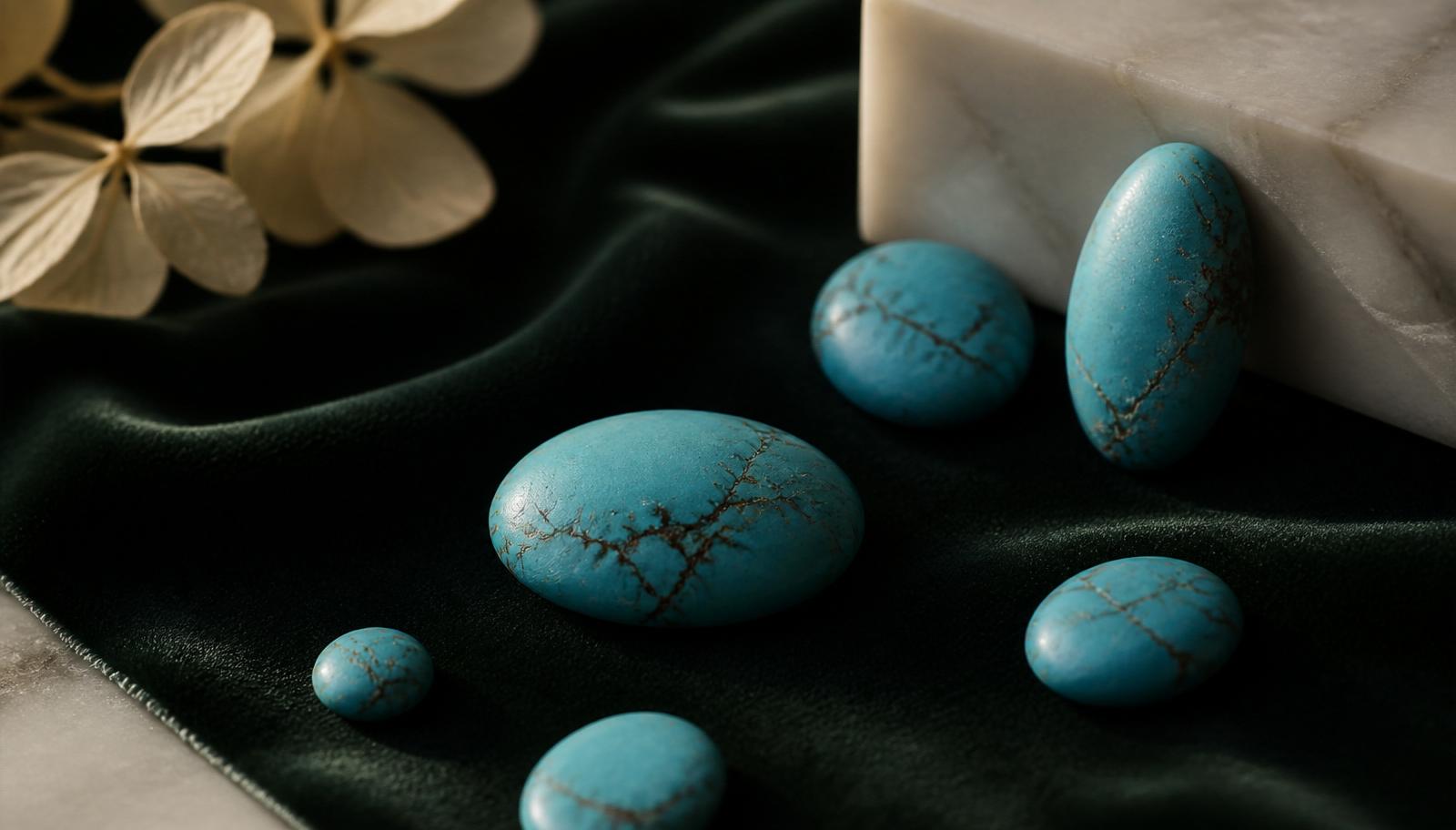 Loose turquoise cabochons with natural matrix veins on bottle-green velvet — mood image, not a determination example.