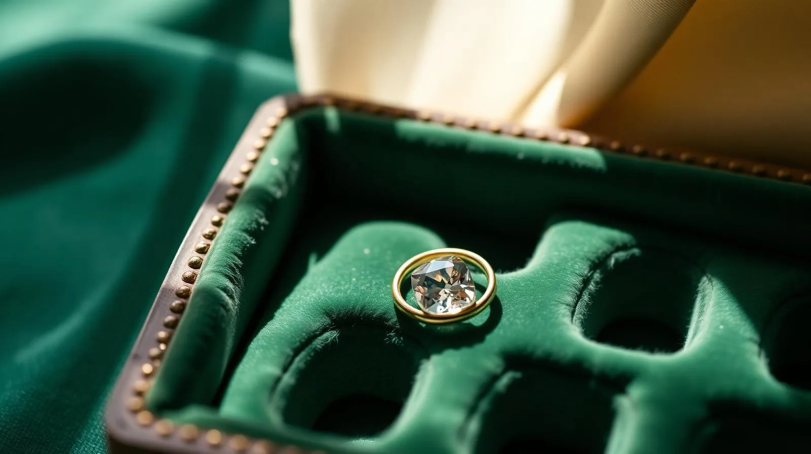 Vintage ringtray in versleten fluweel met een losse oude briljant in een leeg vak; sfeerbeeld, geen determinatievoorbeeld.