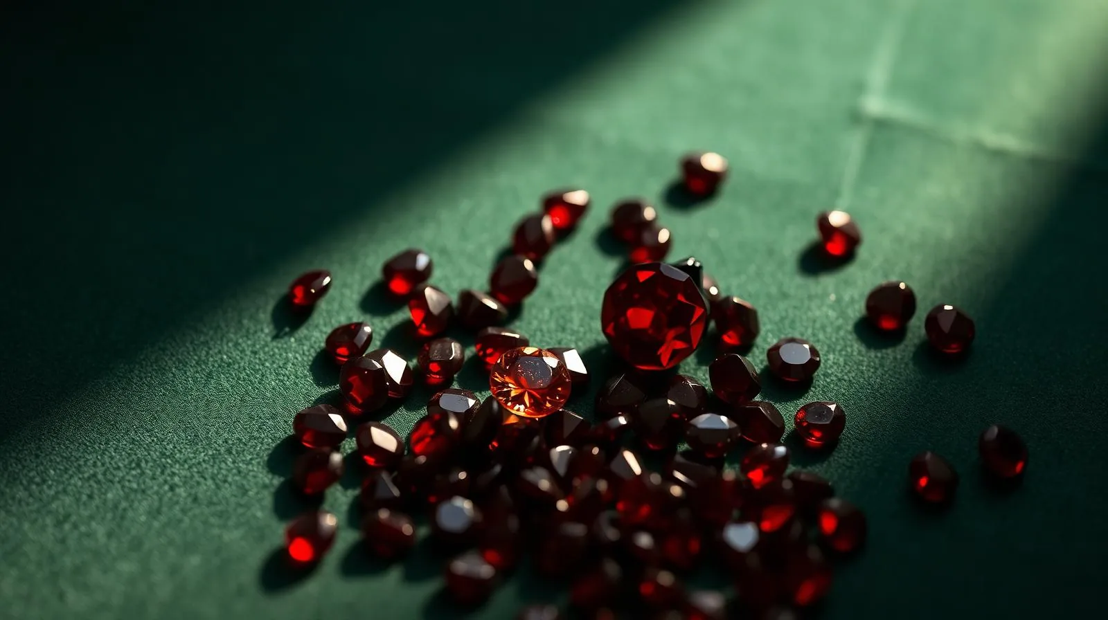 Bruinrode pyroopgranaten verspreid als granaatappelpitten op flessengroen fluweel; sfeerbeeld, geen determinatievoorbeeld.