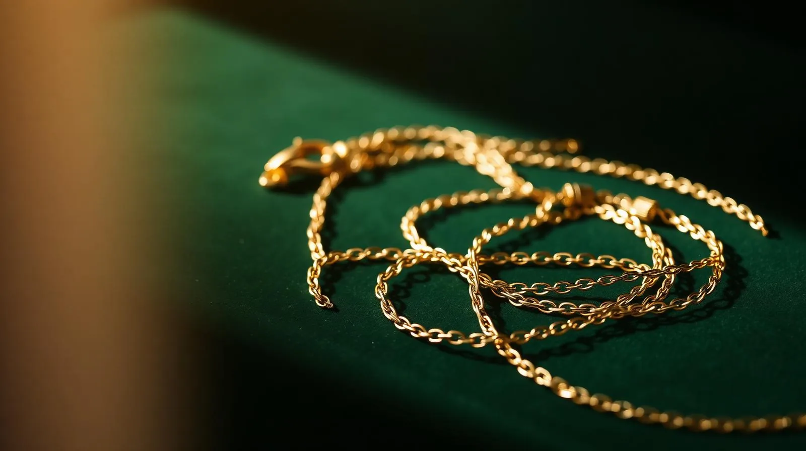 Fijne gouden schakelketting in zachte lussen op donker fluweel; sfeerbeeld, geen determinatievoorbeeld.